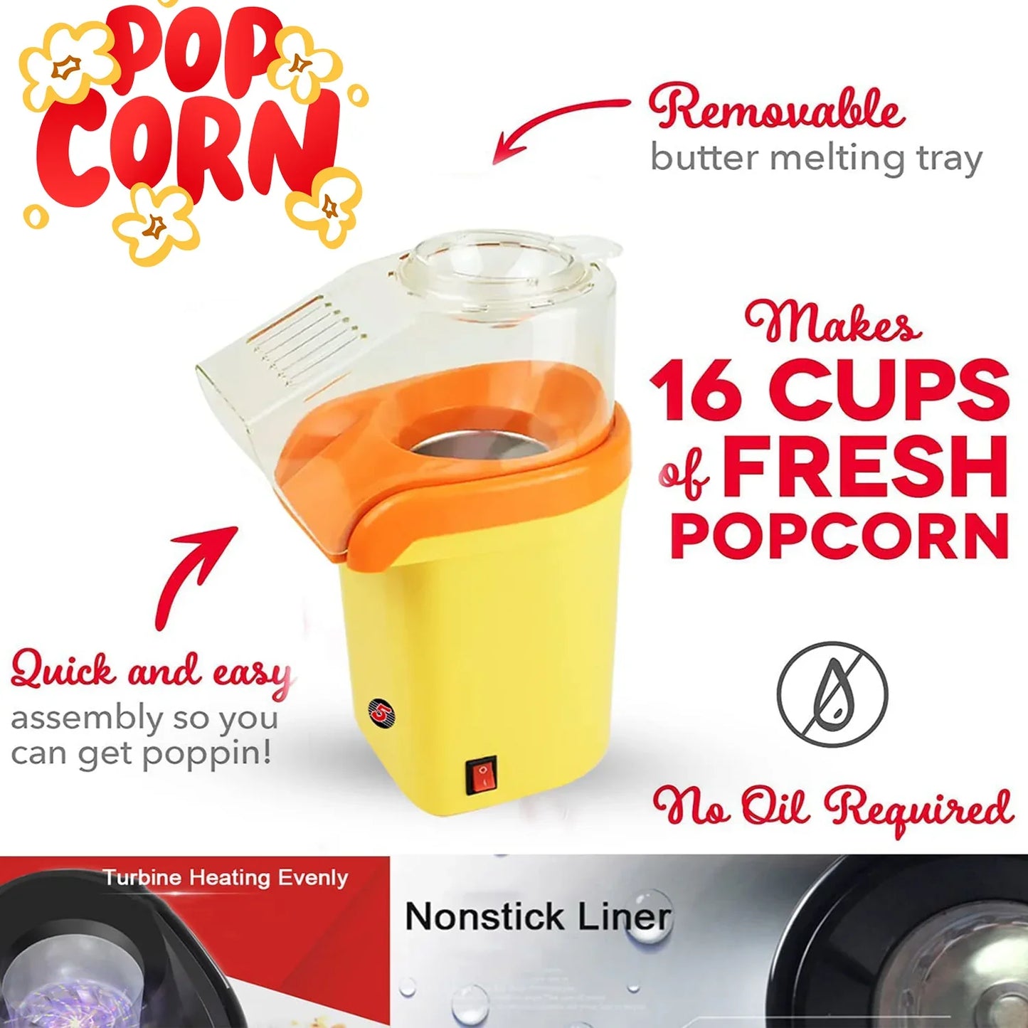 Discover the 5Core Mini Yellow Popcorn Machine - 16 Cup Hot Air Popper for Perfect Movie Nights!